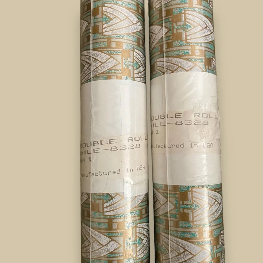 NOS NEW 2 Rolls Wallpaper Art Deco Aqua & Gold DOUBLE ROLLS